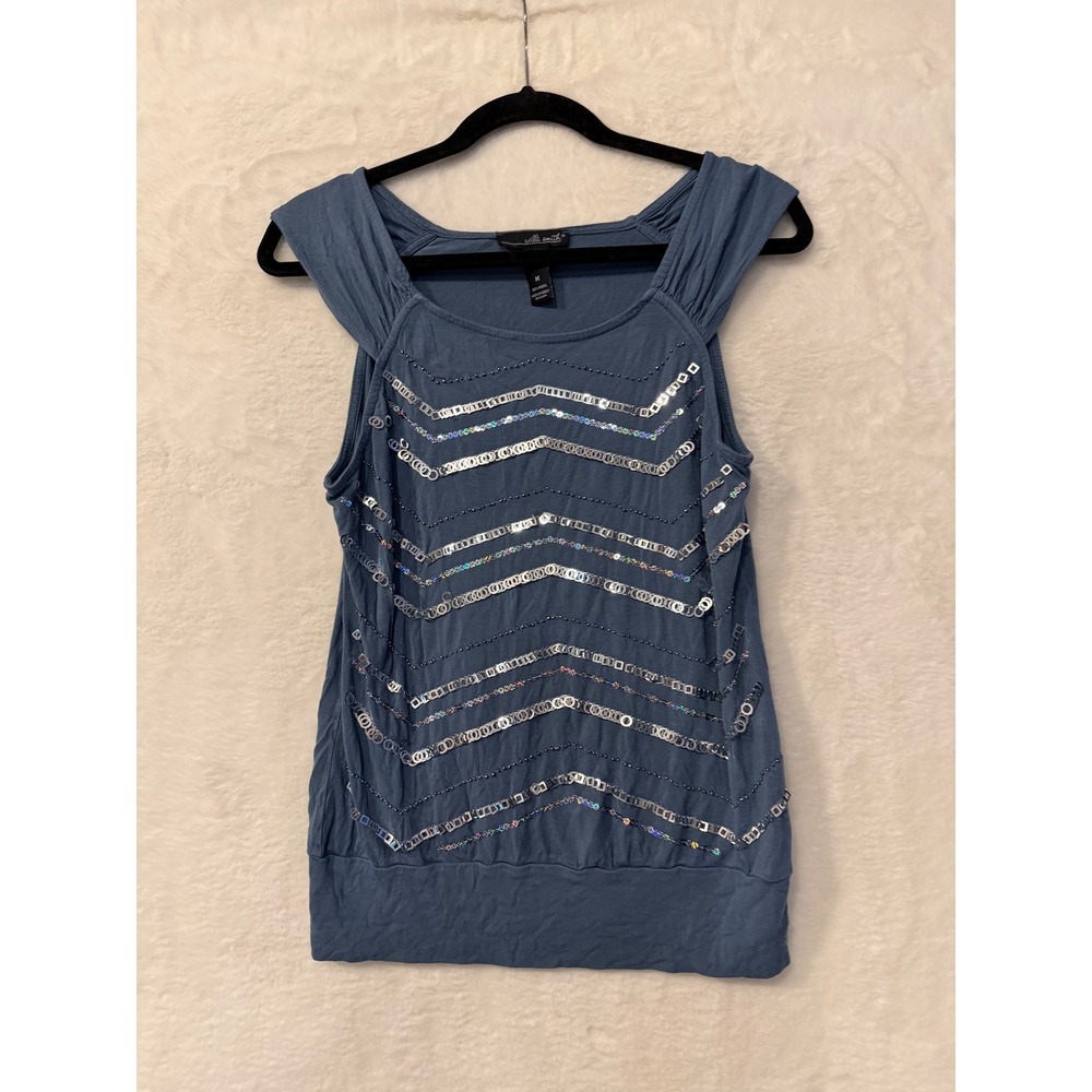 Willi Smith Blue Sequin Beaded Tank Top Womens Size M Modal Sleeveless Chevron